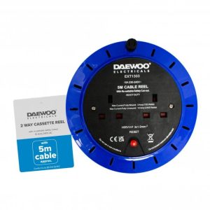 Daewoo 2-Way 5 Metre Cassette Extension Reel – UK Plug